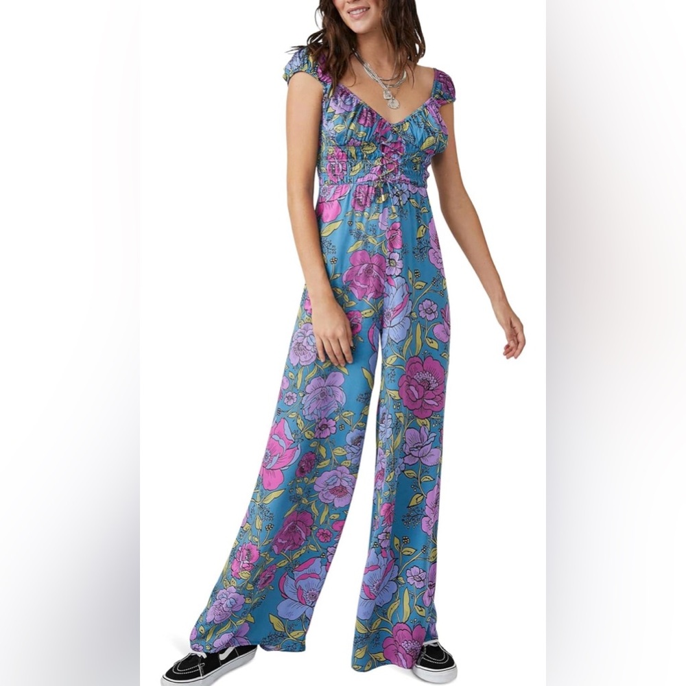Free People Rolling Hills Jumpsuit Bluebell Combo OB1617140 NWT Size M